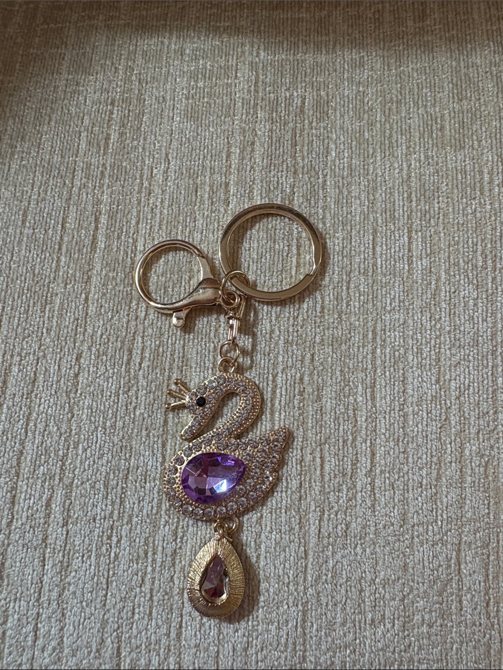 Source Unknown Gold Swan Keychain with Purple Crystals